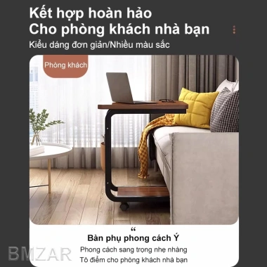 Bàn cạnh sofa G di động bánh xe, khung sắt, mặt gỗ chống nước, đa năng - 175k