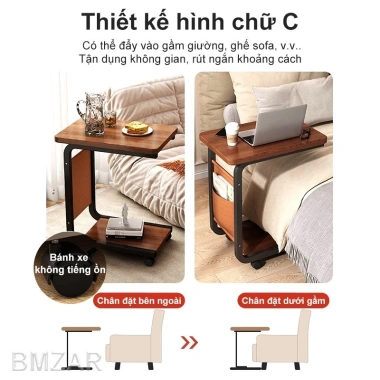 Bàn cạnh sofa G di động bánh xe, khung sắt, mặt gỗ chống nước, đa năng - 175k