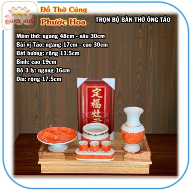 Bàn thờ ông Táo gỗ xoan ngang 48cm ke gỗ, bộ sứ đỏ - Đồ thờ cúng Phước Hoa giá ưu đãi 1.38 triệu