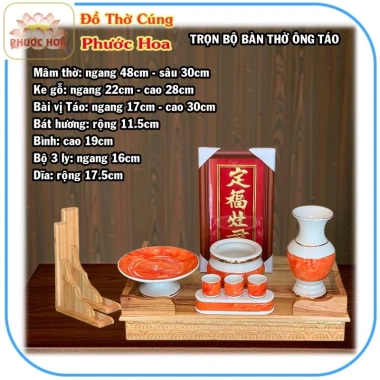 Bàn thờ ông Táo gỗ xoan ngang 48cm ke gỗ, bộ sứ đỏ - Đồ thờ cúng Phước Hoa giá ưu đãi 1.38 triệu