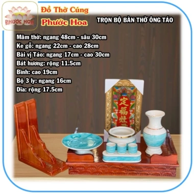 Bàn thờ ông Táo gỗ xoan ngang 48x30cm trọn bộ - Bộ sứ xanh Phước Hoa giá ưu đãi 1.380.000 VND
