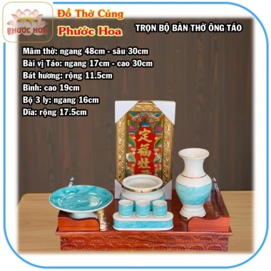 Bàn thờ ông Táo gỗ xoan ngang 48x30cm trọn bộ - Bộ sứ xanh Phước Hoa giá ưu đãi 1.380.000 VND