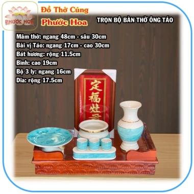 Bàn thờ ông Táo gỗ xoan ngang 48x30cm trọn bộ - Bộ sứ xanh Phước Hoa giá ưu đãi 1.380.000 VND