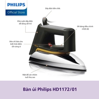 Bàn ủi khô Philips HD1.172/01 1.000W - Nhỏ gọn du lịch, ủi thẳng nhanh, đèn báo nhiệt - Giá chỉ 389k
