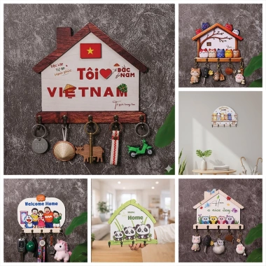 Bảng gỗ treo móc chìa khóa decor - móc kim loại dán nổi, kèm băng dính 2 mặt, chỉ 68.000đ