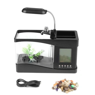 Bể cá mini để bàn kèm đồng hồ LED, đèn LED, sỏi và cây trang trí - Giá chỉ 445.000đ