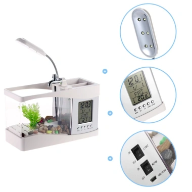 Bể cá mini để bàn kèm đồng hồ LED, đèn LED, sỏi và cây trang trí - Giá chỉ 445.000đ