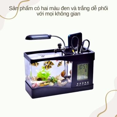 Bể Cá Mini Hồ Thủy Sinh để bàn - Đồng Hồ Đèn LED, sỏi và cây trang trí, giảm giá 600k