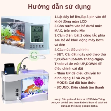 Bể Cá Mini Hồ Thủy Sinh để bàn - Đồng Hồ Đèn LED, sỏi và cây trang trí, giảm giá 600k