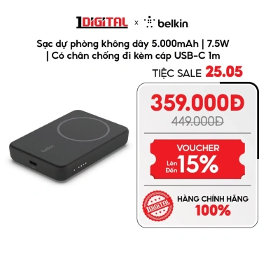 Belkin Sạc dự phòng không dây 5.000mAh 7.5W kèm chân chống va cáp USB-C 1m Giá chỉ 545.000₫