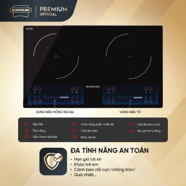 Bếp đôi điện từ hồng ngoại Sunhouse SHB81.011-EC Booster nấu nhanh 9 mức chỉnh 2 vùng nấu chỉ 3.09 triệu