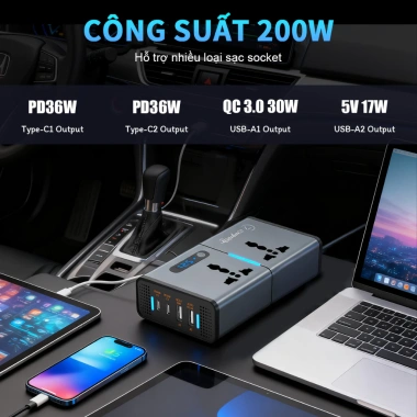 Biến Tần 200W DC 12V to AC 220V cho Xe Ô Tô, Cắm Ổ Cắm, USB 1.2A, Giá Ưu Đãi 580k