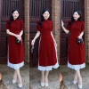 Bigsize Áo dài cổ tàu cài nút mây tay phồng và chân váy xếp ly 50‑90kg 320.000đ 2