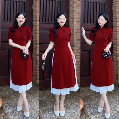 Bigsize Áo dài cổ tàu cài nút mây tay phồng và chân váy xếp ly 50‑90kg 320.000đ 2