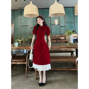 Bigsize Áo dài cổ tàu cài nút mây tay phồng và chân váy xếp ly 50‑90kg 320.000đ 7