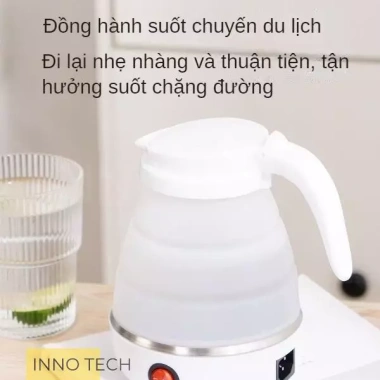Bình đun nước siêu tốc 600ml gấp gọn silicon dày, đĩa lót thép 304 giữ nhiệt, chỉ 155k