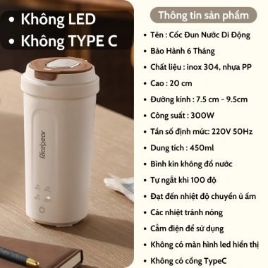 Bình đun nước Type C siêu tốc mini 450ml - Hiển thị nhiệt độ, tự ngắt khi sôi, kèm túi du lịch gọn nhẹ - 470k