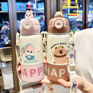 Bình giữ nhiệt Happy 500ml cho bé đi học - Họa tiết động vật 3D, dây đeo, cốc dưới đáy, giảm giá 135k 9