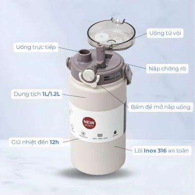 Bình giữ nhiệt thép không gỉ dung tích lớn, hai vòi, di động - chỉ 136k