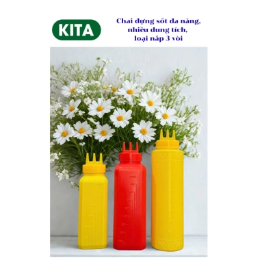Bình nhựa 3 đầu đa năng đựng sữa đặc, đường, xịt tương ớt - Chai chia vạch, dung tích lớn - KiTa 9