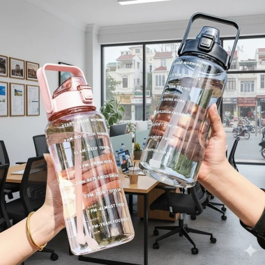 Bình nước 2L đơn giản, ống hút chống tràn, vạch chia thời gian, giá chỉ 68.000₫