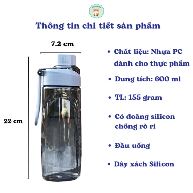Bình nước 600ml PP+PC Bunakids BN45 Dây xách silicon chống rò rỉ giá 68k