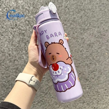 Bình nước Capybara hoạt hình 800ml nhựa, ống hút, dung tích lớn cho thể thao và du lịch ngoài trời mới 4