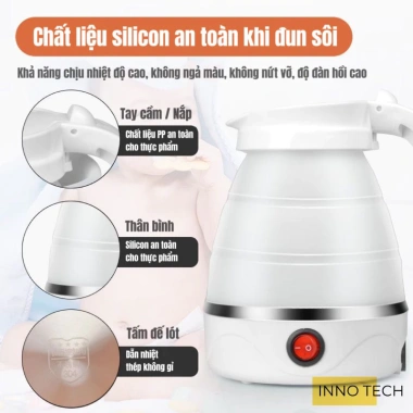 Bình nước đun sôi siêu tốc 600ml gấp gọn du lịch, silicon dày, đĩa lót thép 304 giữ nhiệt an toàn - Giá chỉ 153.000₫