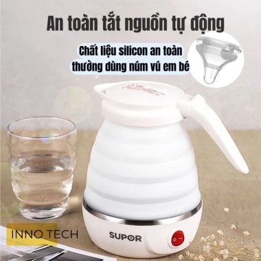 Bình nước đun sôi siêu tốc 600ml gấp gọn du lịch, silicon dày, đĩa lót thép 304 giữ nhiệt an toàn - Giá chỉ 153.000₫