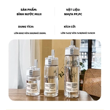 Bình nước MUJI nhựa trong suốt cao cấp quai đeo 350/550/800ml - Giá ưu đãi 27.999₫