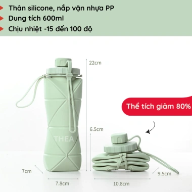 Bình nước thể thao silicone 600ml chịu nhiệt, quai xách gấp gọn thời trang- THEA