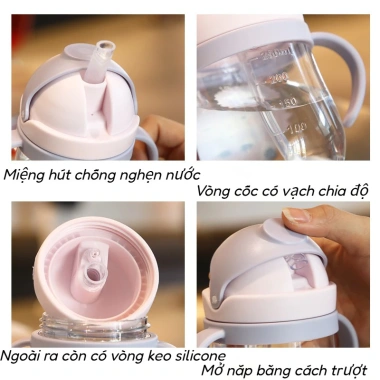 Bình tập uống nước 250ml ống hút silicon, van chống sặc, tay cầm, dễ mang theo, giá 55.000₫