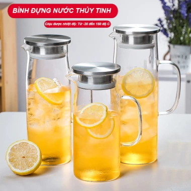 Bình thủy tinh chịu nhiệt có quai cầm, nắp inox - Đựng nước 1L Giá ưu đãi 115.000₫