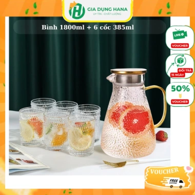 Bình thủy tinh đựng nước 1.8L họa tiết nhám sần + 6 cốc HMT 385ml borosilicate - Giá chỉ 150.000đ
