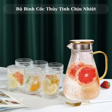 Bình thủy tinh đựng nước 1.8L họa tiết nhám sần + 6 cốc HMT 385ml borosilicate - Giá chỉ 150.000đ 10 Bình thủy tinh đựng nước 1.8L họa tiết nhám sần + 6 cốc HMT 385ml borosilicate - Giá chỉ 150.000đ 10