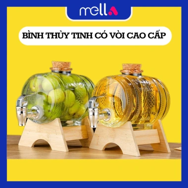 Bình thủy tinh đựng nước có vòi kèm chân gỗ, dung tích 3-5L, bình ngâm rượu lắp gỗ bần - giảm giá 289k