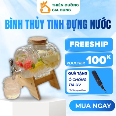 Bình Thủy Tinh Đựng Nước Vòi và Chân Gỗ 1L 3L Bình Ngâm Hoa Quả Cao Cấp Giá 159k