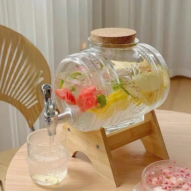 Bình Thủy Tinh Đựng Nước Vòi và Chân Gỗ 1L 3L Bình Ngâm Hoa Quả Cao Cấp Giá 159k