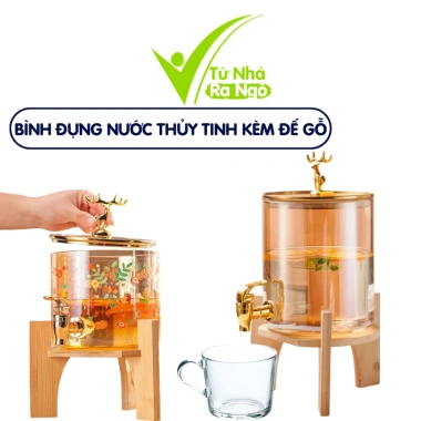 Bình Thủy Tinh Hổ Phách GD25 - Vòi Khóa, Đế Gỗ, Họa Tiết Sang Trọng, Giá 248k