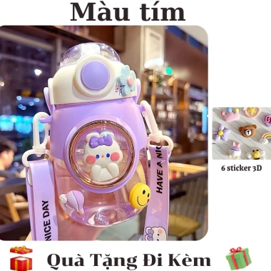 Bình uống nước trẻ em 820ml màu tím họa tiết dễ thương, cao cấp, ống hút silicon - 94.900₫