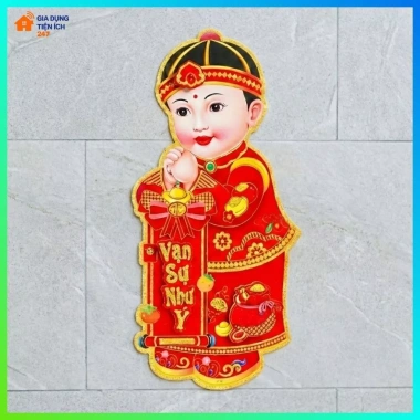 Bộ 2 Hình Dán Cửa 3D Bé Trai Bé Gái Cầm Liễng Đỏ Nhung – Trang Trí Tết 25x55cm 4