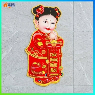 Bộ 2 Hình Dán Cửa 3D Bé Trai Bé Gái Cầm Liễng Đỏ Nhung – Trang Trí Tết 25x55cm 5