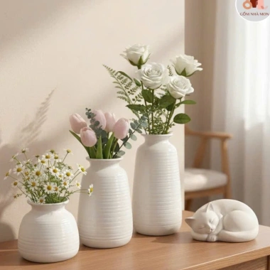 Bộ 3 bình hoa gốm sứ Phúc Tâm An men trắng Bát Tràng 13-24cm, thanh lý giá rẻ 79k