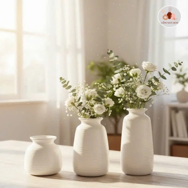 Bộ 3 bình hoa gốm sứ Phúc Tâm An men trắng Bát Tràng 13-24cm, thanh lý giá rẻ 79k