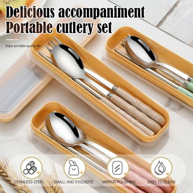Bộ 3 dụng cụ ăn uống du lịch thép không gỉ - Đũa, thìa, nĩa nhẹ, bền, tiện lợi