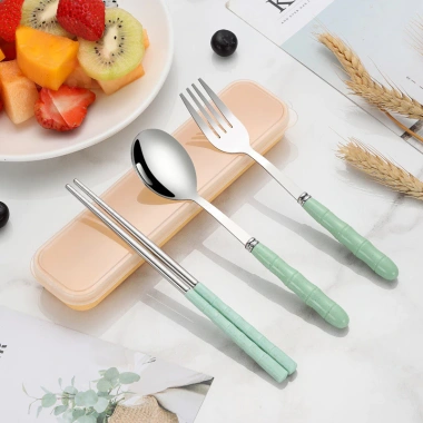 Bộ 3 dụng cụ ăn uống du lịch thép không gỉ - Đũa, thìa, nĩa nhẹ, bền, tiện lợi
