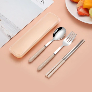 Bộ 3 dụng cụ ăn uống du lịch thép không gỉ - Đũa, thìa, nĩa nhẹ, bền, tiện lợi