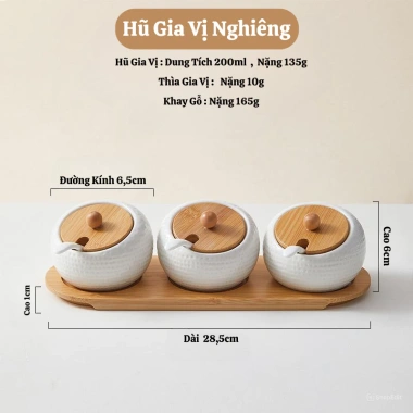 Bộ 3 hũ đựng gia vị nghiêng 20 độ nắp gỗ + khay gỗ tre & thìa sứ - Giá ưu đãi 175k 2
