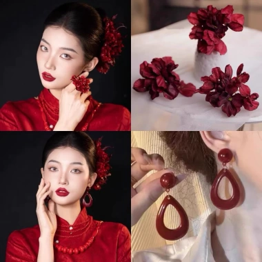 Bộ 3 kẹp tóc hoa đỏ cho cô dâu và tết, mặc áo dài, giá siêu tiết kiệm 24.100 VND 2
