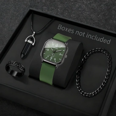 Bộ 4 đồng hồ nam thời trang vuông mặt, dây silicon thể thao, thạch anh